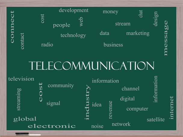 Telekomünikasyon word cloud kavramı üzerine bir yazı tahtası - Fotoğraf, Görsel