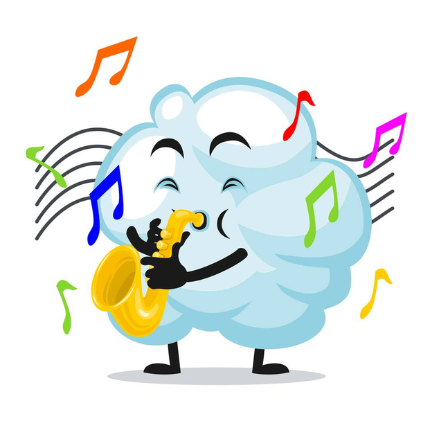 Ilustración vectorial de la mascota de la nube o del personaje tocando el saxofón - Vector, imagen