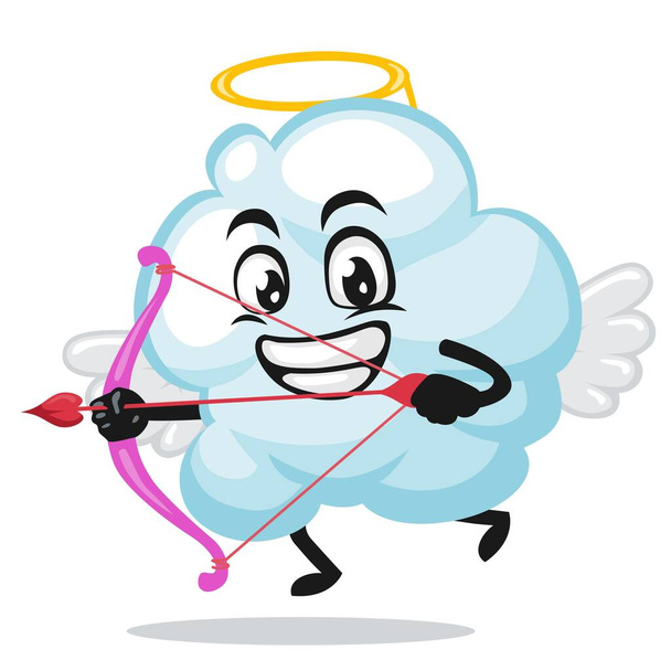 Ilustración vectorial de la mascota de la nube o el personaje que lleva disfraz de cupido y sostiene un arco - Vector, imagen