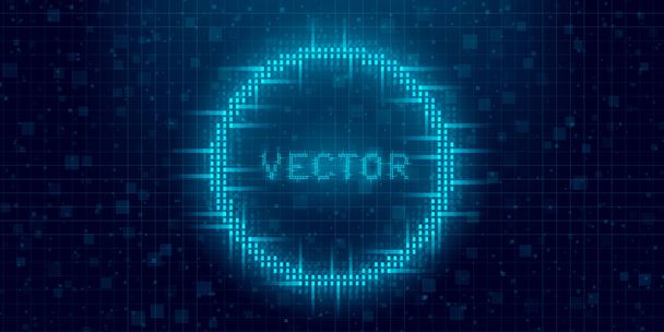 Futuristischer Cyberpunk-Glitch-Zirkel. Blau leuchtende digitale runde Form. 8 Bit Ring. Hintergrunddesign für promo-elektronische Musikereignisse und Spieletitel. Vektor - Vektor, Bild