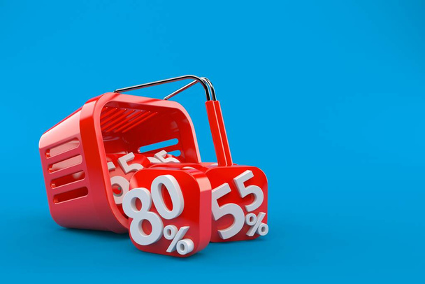 Cesta de compras com símbolo percentual isolado no fundo azul. ilustração 3d - Foto, Imagem