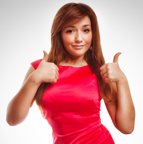 brunette fille oui femme montre signe positif pouces isolé emot
 - Photo, image