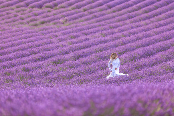 Schöne junge Frau tanzt in einem Lavendelfeld in weißem Kleid. Verträumte Landschaft, sommerblühende Blumen. Lavendelreihen, violette Farben, atemberaubende Aussicht auf die Natur - Foto, Bild