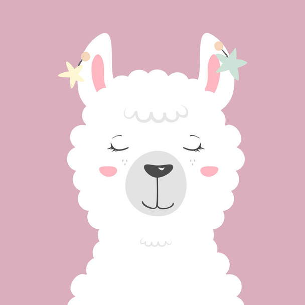 Llama cartoon flat illustration. Cute alpaca face isolated for cards, nursery, gifts, children clothes, avatars, etc. Kids book design elements. - Vetor, Imagem