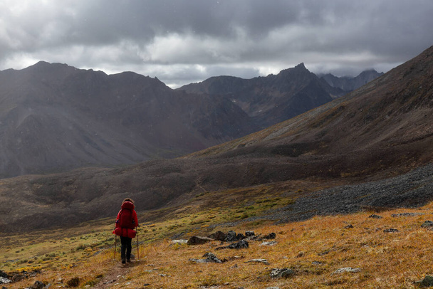 Woman Backpacking on Scenic Hiking Trail surrounded by Rugged Mountains - Photo, Image