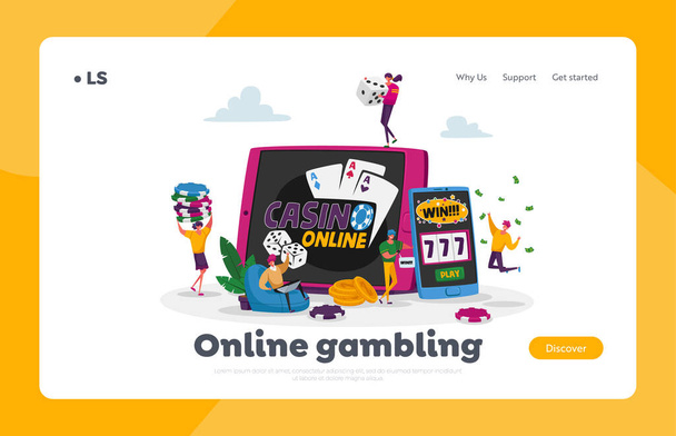 Gamble Player Addiction Landing Page Sablon. Karakterek Játék Szerencsejáték Online Kaszinó Nyerj Jackpot Díj - Vektor, kép