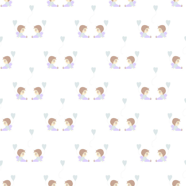 Seamless patterns. Romantic collection - male love. Cute angel boys sit with balloons and hearts on a white background. Vector. Pastel shades. For valentines, textiles, packaging and printing - Vector, Image