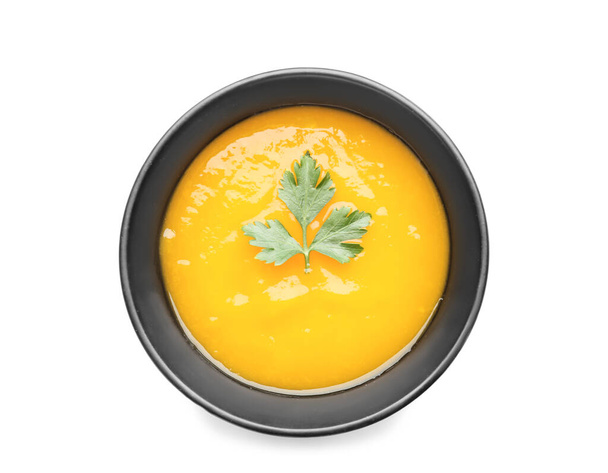 Tasty pumpkin cream soup in bowl on white background - Photo, Image
