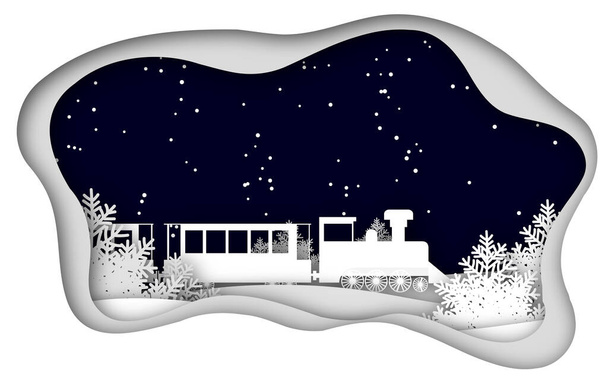 papier d'art d'hiver et artisanat. neige sur le ciel bleu. Express de nuit. Train en hiver - Photo, image