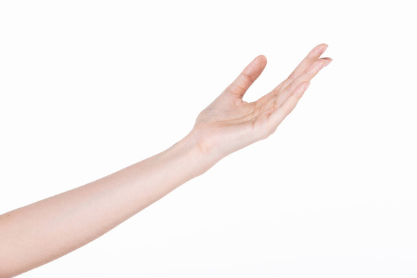 Weibliche schöne Talent Hand, Arm und Finger in guter Form Figur zeigen Geste Bedeutung Zeichen posieren, Studiobeleuchtung isoliert weißen Hintergrund für Werbung Körperteil - Foto, Bild
