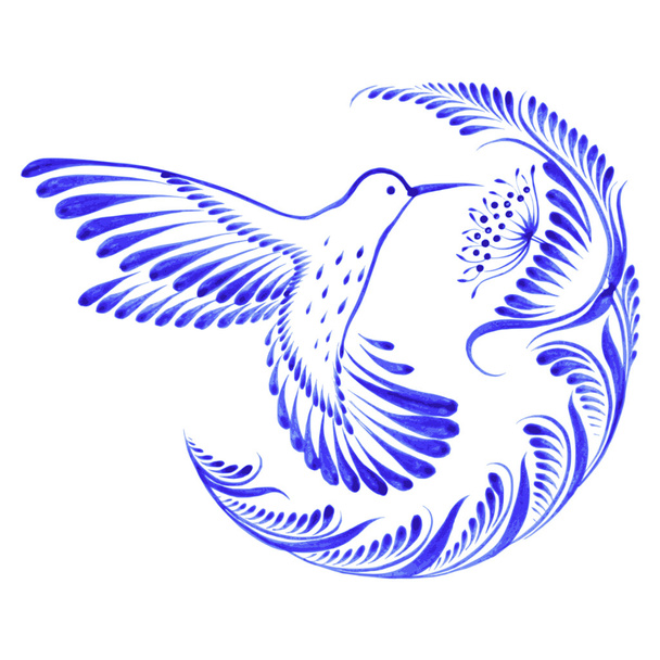 Цветочный декоративный орнамент колибри в полете
 - Вектор,изображение