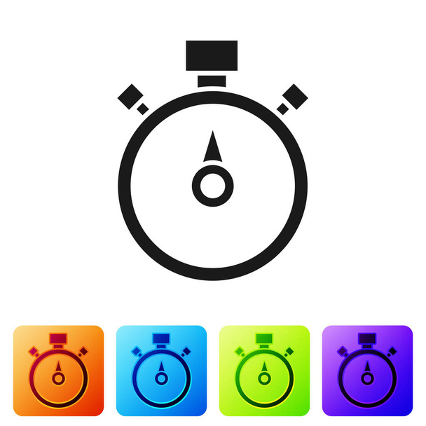 Μαύρο εικονίδιο Stopwatch απομονώνεται σε λευκό φόντο. Χρονόμετρο. Χρονόμετρο. Ορισμός εικονιδίων σε χρωματιστά τετράγωνα κουμπιά. Διάνυσμα. - Διάνυσμα, εικόνα