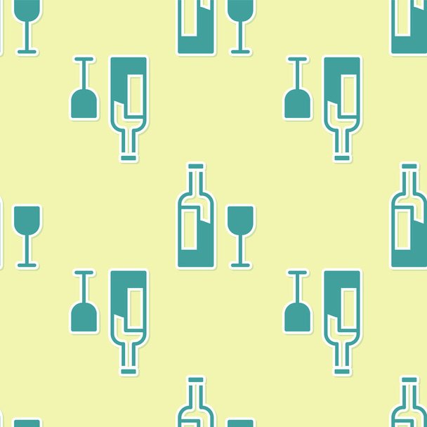 Green Wine bottle with glass icon isolated seamless pattern on yellow background.  Vector. - Vector, Image