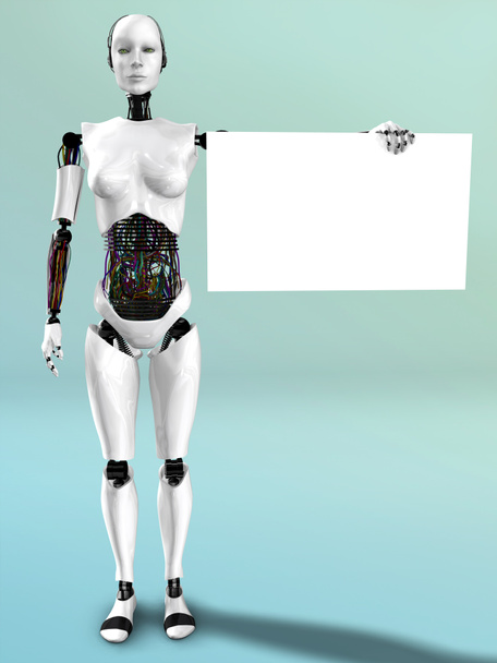 Робот жінка тримає порожній знак
. - Фото, зображення