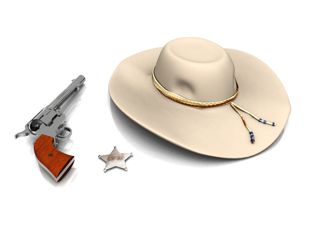 καπέλο του σερίφη, το αστέρι του σερίφη και ένα πυροβόλο όπλο. - Φωτογραφία, εικόνα