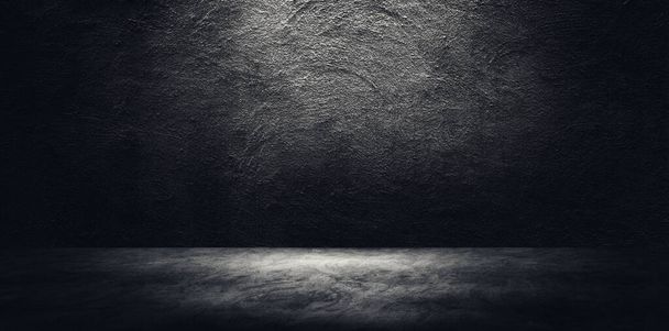 Empty space of Studio dark room concrete floor grunge texture background with light shading on concrete wall. - Photo, Image