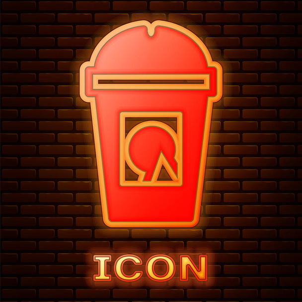 Parlayan neon kahve fincanı tuğla duvar arkasında izole edilmiş bir ikon haline gelecek. Baskıyı kaldır. Vektör. - Vektör, Görsel