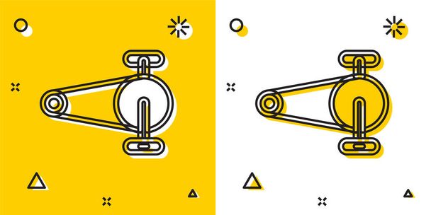 Schwarze Fahrradkette mit Zahnradsymbol isoliert auf gelb-weißem Hintergrund. Fahrradkettenradgetriebe. Zufällige dynamische Formen. Vektor. - Vektor, Bild