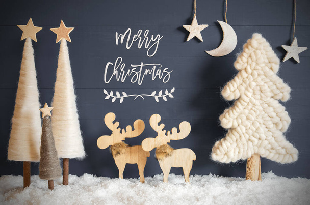 Christmas Tree, Moose, Moon, Stars, Snow, Text Merry Christmas - Foto, immagini