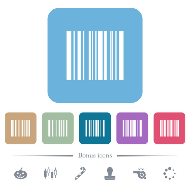 Barcode witte platte pictogrammen op de kleur afgeronde vierkante achtergronden. 6 bonus symbolen opgenomen - Vector, afbeelding
