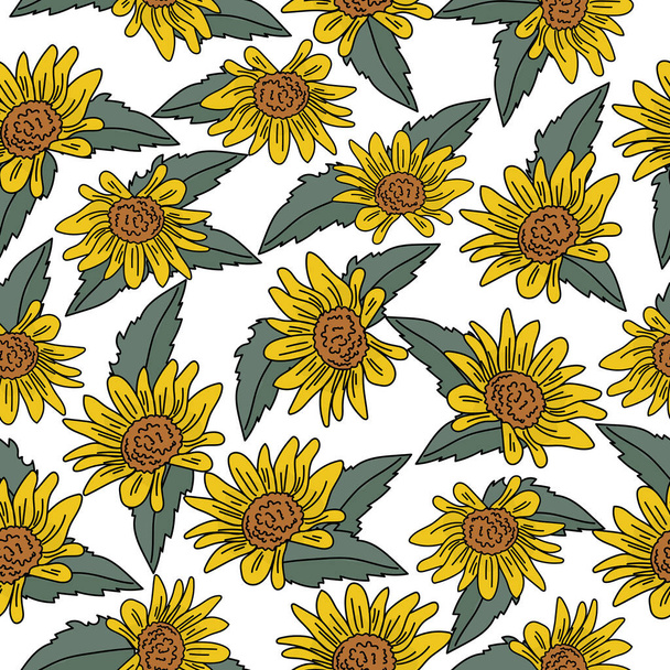Seamless pattern of small yellow sunflowers with green leaves on a white background, parts of the plant are arranged chaotically, hand draw vector illustration for design - Вектор, зображення