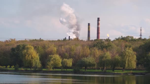 Fumo di tubi di fabbrica vicino a una foresta e un fiume. Problema ambientale globale di inquinamento atmosferico e naturale da impianti di industrie pesanti. - Filmati, video