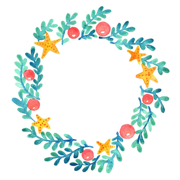 Étoile de mer, boule de Noël et couronne d'algues aquarelle peinture à la main pour la décoration sur la saison de Noël d'été et concept de thème de la vie marine. - Photo, image