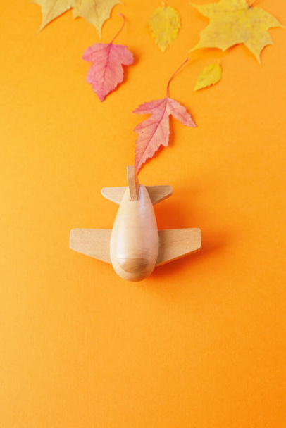 small toy plane with autumn leaf. Autumn concept on orange background - Zdjęcie, obraz