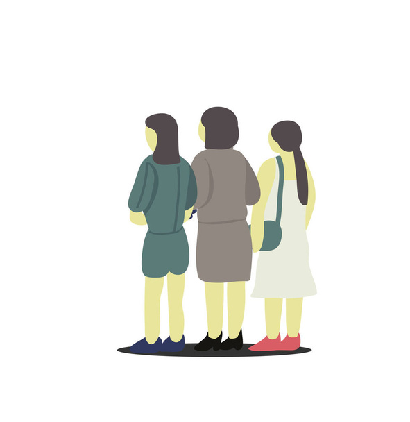 Мистецтво трьох подруг дівчат, що стоять разом, чекаючи на подорожі
. - Вектор, зображення