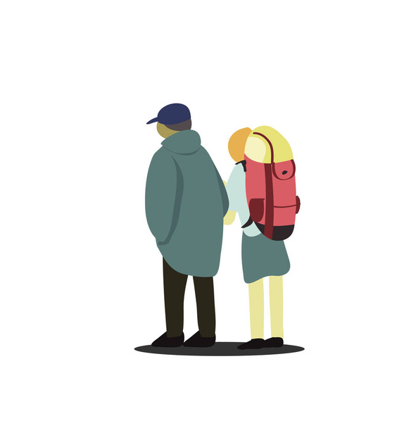 十代のカップルはバックパッカーとして一緒に旅行し、冒険ツアーを見つける. - ベクター画像