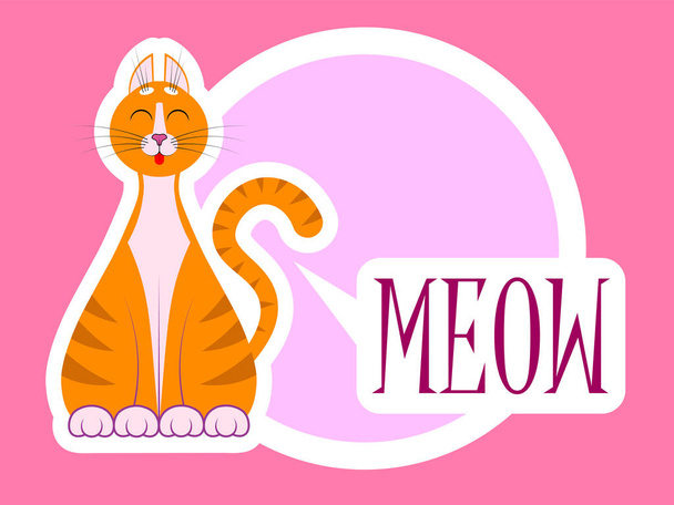 A cute cartoon red cat, kitty sit with closed eyes and happy face, muzzle. With inscription Meow. With white outline. For animal store, pets shop. Vector isolated High Quality - Vector, Image