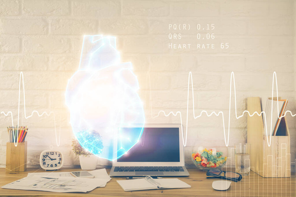 Desktop computer background and heart drawing. Double exposure. Medical study and healthcare concept. - Fotó, kép