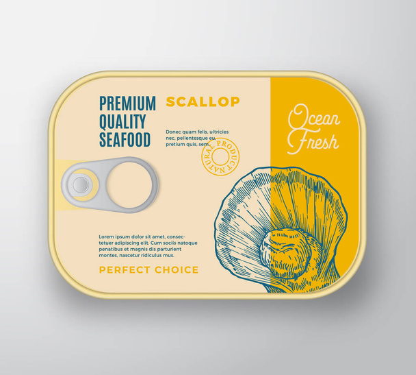 Premium Seafood Aluminium Container with Label Cover. Retro Vector Canned Packaging Design. Modern Typography and Hand Drawn Scallop Silhouette Background Layout. - Vektör, Görsel