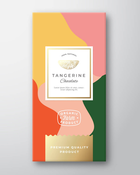Tangerine Chocolate Label. Abstract Vector Packaging Design Layout with Soft Realistic Shadows. Modern Typography, Hand Drawn Citrus Silhouette and Colorful Background. - Vector, Image