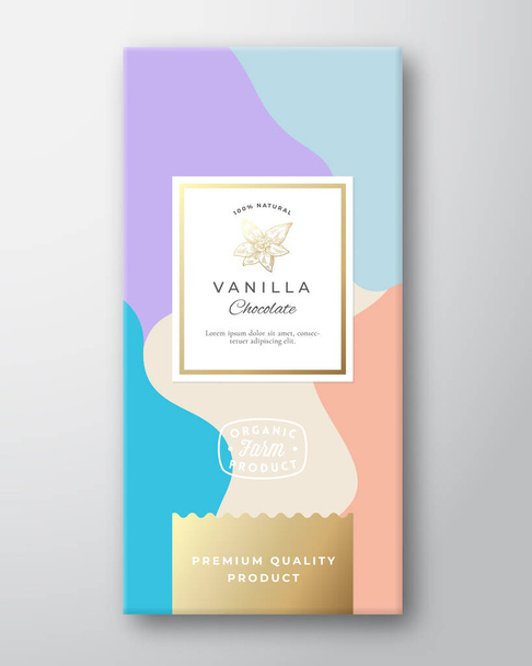 Vanilla Chocolate Label. Abstract Vector Packaging Design Layout with Soft Realistic Shadows. Modern Typography, Hand Drawn Vanilla Spice flower Silhouette and Colorful Background. - Vektor, Bild