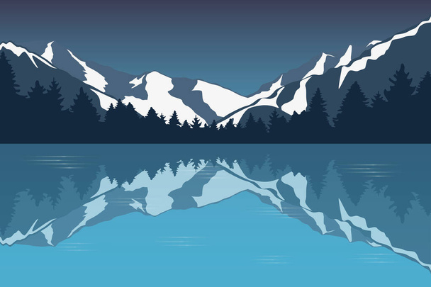 blauw besneeuwd berglandschap bij het meer winter achtergrond - Vector, afbeelding