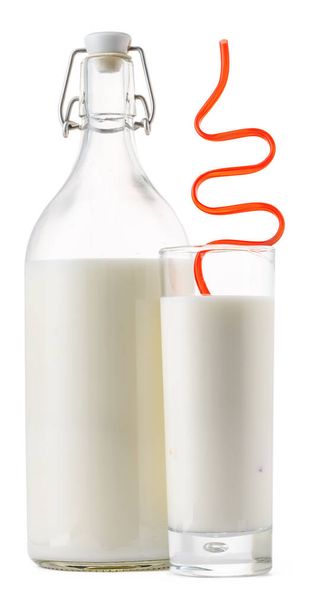Glass bottle and cup of fresh milk isolated - Φωτογραφία, εικόνα