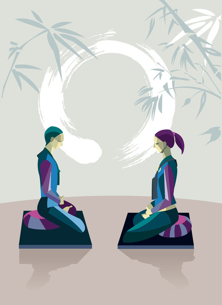 Man and Woman Meditating with Enso - Vector, Image