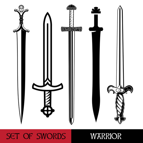 Arma de la antigua Europa - conjunto de espadas. Espada vikinga, espada caballeros cruzados, espada celta - Vector, imagen
