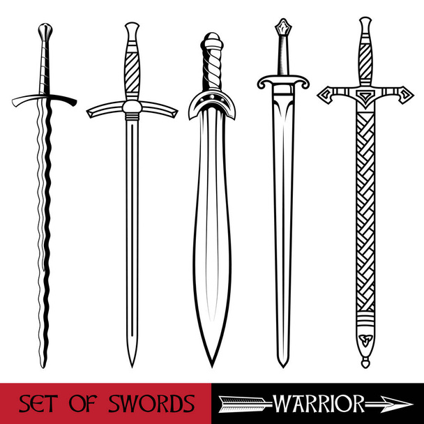 Arma de la antigua Europa - conjunto de espadas. Espada vikinga, espada caballeros cruzados, espada celta - Vector, Imagen