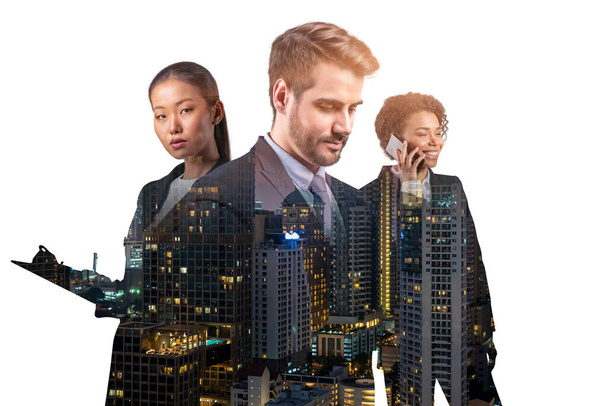 Double exposure of three young, successful, business people, man and woman, standing in front of Asian city Bangkok background. Concept of hard work and study. Modern life way. Night time. - Foto, Bild