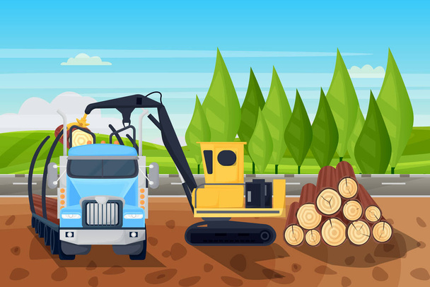 Industria forestale forestale. Caricamento di tronchi di legno in camion, vettoriale piano illustrazione cartone animato. Gru industriale e attrezzature per veicoli per il trasporto di tronchi di legno. - Vettoriali, immagini