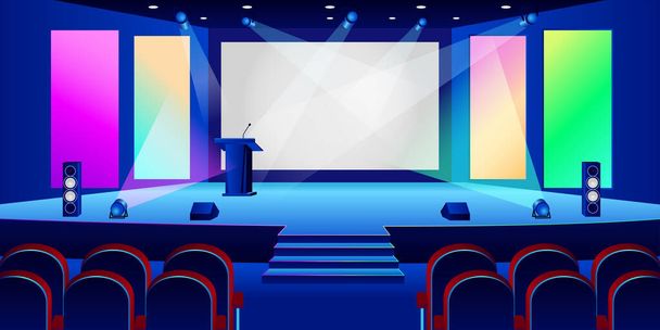 Conference hall interior. Empty white presentation screen in dark auditorium. Vector illustration. Seminar, business training or entertainment concept. - Vector, Image