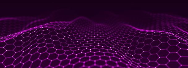 Abstract dynamic wave of points and lines. Hexagon. Big data. Network of particles. Digital background. 3d rendering. - Photo, Image