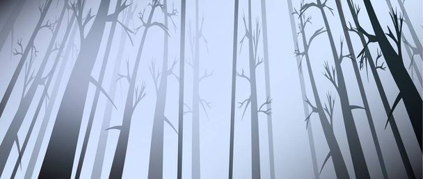 Vektorhintergrund des dunklen Waldes bei Sonnenaufgang. Walddämmerungsvektorillustration. Bäume und Äste horizontal nahtlose Muster. Image der Baumstämme - Vektor, Bild