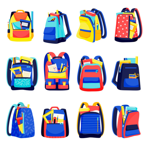 Шкільні рюкзаки барвисті ікони, ізольовані на білому тлі. Векторна плоска мультиплікаційна ілюстрація мультикольорових дитячих рімейків. Освітнє обладнання або елементи сучасного дизайну подорожей
. - Вектор, зображення
