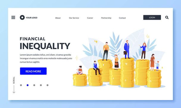 Financial inequality, difference in salary income business concept. Miniature men and women on unequal money stacks, rich and poor people metaphor. Vector illustration for web landing page or banner - Vector, Image