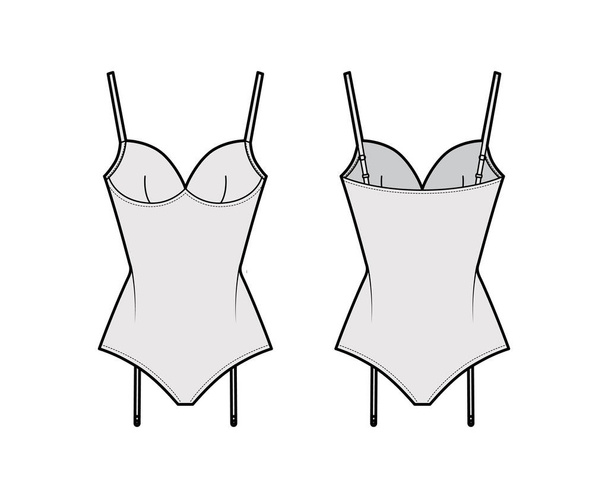 Teddiette gartered bodysuit technical fashion illustration with molded cup, adjustable shoulder straps. Flat one-piece - Vector, Image