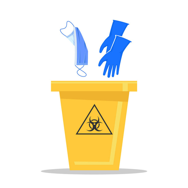 Sarı biyo-tehlike çöp kutusu. Kullanılmış tıbbi maske ve eldivenlerden nasıl kurtulacağımızı.. - Vektör, Görsel