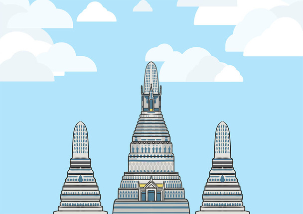 Tájkép grafika kép Wat Arun, a leghíresebb templom Bangkok, Thaiföld, kék ég és fehér felhő. - Vektor, kép